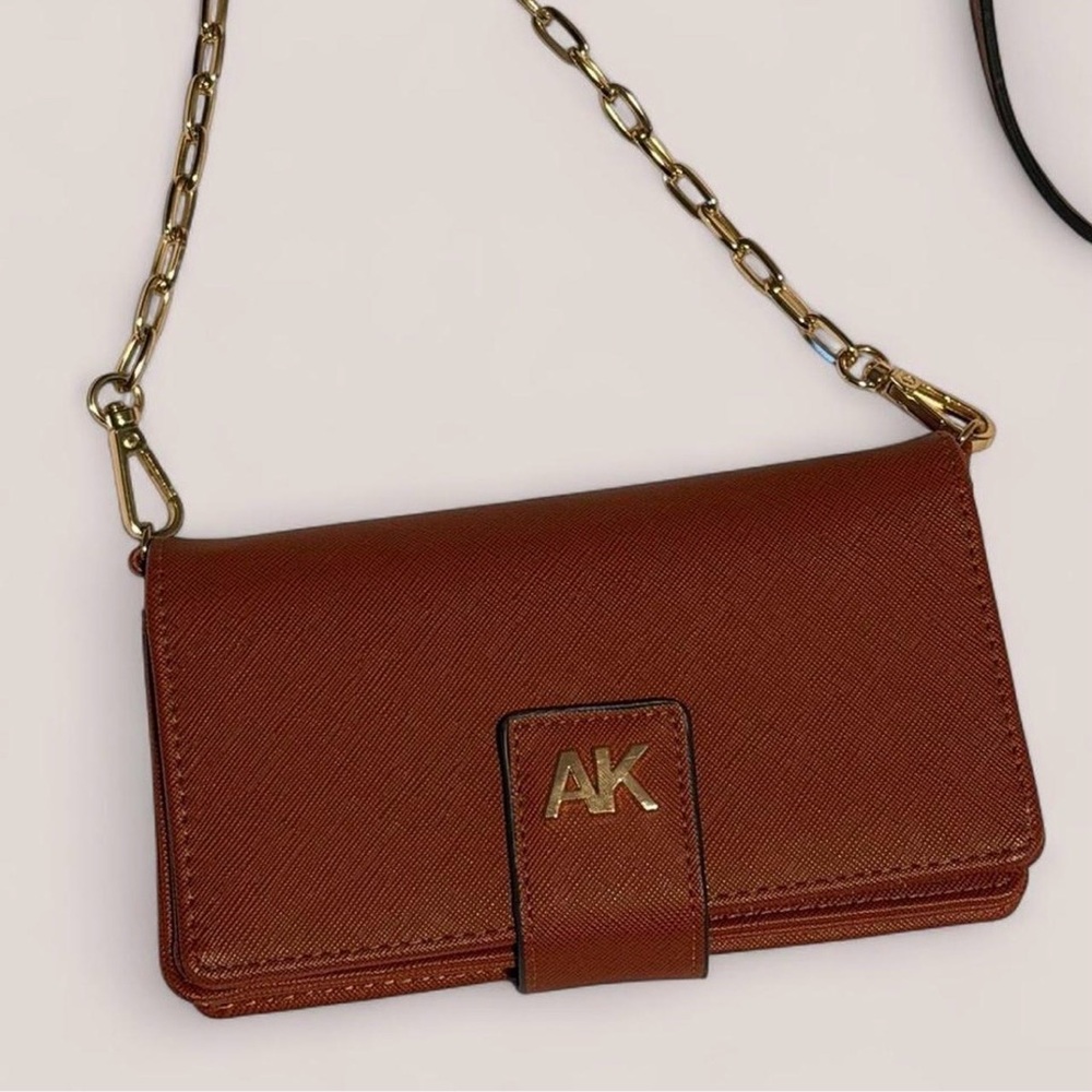 Anne Klein Brown Leather Crossbody Wallet with Gold Chain